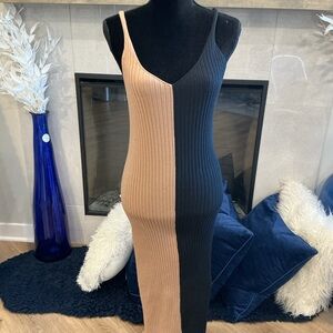 SHEIN Black and Tan Ribbed Midi Dress